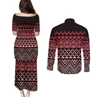 Maori Niho Taniwha Te Wheiao Couples Matching Puletasi and Long Sleeve Button Shirt Terracotta - Polynesian Pride