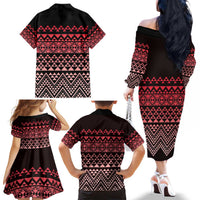 Maori Niho Taniwha Te Wheiao Family Matching Off The Shoulder Long Sleeve Dress and Hawaiian Shirt Terracotta LT7 - Polynesian Pride