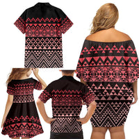 Maori Niho Taniwha Te Wheiao Family Matching Off Shoulder Short Dress and Hawaiian Shirt Terracotta LT7 - Polynesian Pride