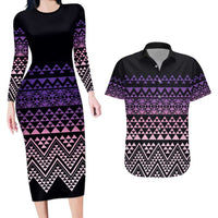 Maori Niho Taniwha Te Wheiao Couples Matching Long Sleeve Bodycon Dress and Hawaiian Shirt Waiporoporo LT7 Purple - Polynesian Pride