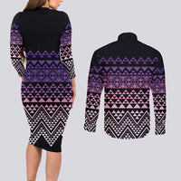 Maori Niho Taniwha Te Wheiao Couples Matching Long Sleeve Bodycon Dress and Long Sleeve Button Shirt Waiporoporo LT7 - Polynesian Pride