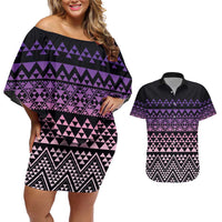Maori Niho Taniwha Te Wheiao Couples Matching Off Shoulder Short Dress and Hawaiian Shirt Waiporoporo LT7 Purple - Polynesian Pride