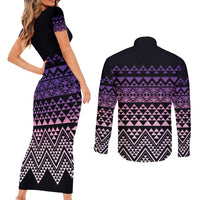 Maori Niho Taniwha Te Wheiao Couples Matching Short Sleeve Bodycon Dress and Long Sleeve Button Shirt Waiporoporo LT7 - Polynesian Pride