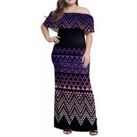 Maori Niho Taniwha Te Wheiao Family Matching Off Shoulder Maxi Dress and Hawaiian Shirt Waiporoporo LT7 Mom's Dress Purple - Polynesian Pride