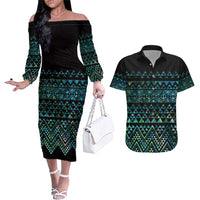 Maori Niho Taniwha Te Wheiao Couples Matching Off The Shoulder Long Sleeve Dress and Hawaiian Shirt Paua Shell LT7 Colorful - Polynesian Pride