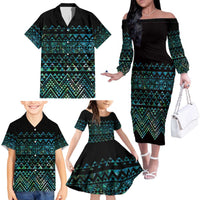Maori Niho Taniwha Te Wheiao Family Matching Off The Shoulder Long Sleeve Dress and Hawaiian Shirt Paua Shell LT7 - Polynesian Pride
