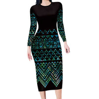 Maori Niho Taniwha Te Wheiao Long Sleeve Bodycon Dress Paua Shell - Polynesian Pride