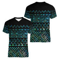 Maori Niho Taniwha Te Wheiao Women V-Neck T-Shirt Paua Shell - Polynesian Pride