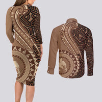 Papua New Guinea Oro Tapa Motif Couples Matching Long Sleeve Bodycon Dress and Long Sleeve Button Shirt Classic LT7 - Polynesian Pride