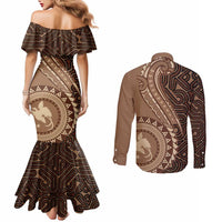 Papua New Guinea Oro Tapa Motif Couples Matching Mermaid Dress and Long Sleeve Button Shirt Classic LT7 - Polynesian Pride