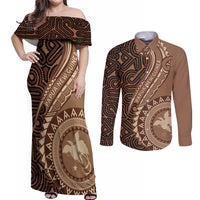 Papua New Guinea Oro Tapa Motif Couples Matching Off Shoulder Maxi Dress and Long Sleeve Button Shirt Classic LT7 Brown - Polynesian Pride