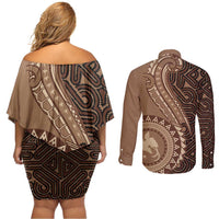 Papua New Guinea Oro Tapa Motif Couples Matching Off Shoulder Short Dress and Long Sleeve Button Shirt Classic LT7 - Polynesian Pride