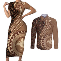 Papua New Guinea Oro Tapa Motif Couples Matching Short Sleeve Bodycon Dress and Long Sleeve Button Shirt Classic LT7 Brown - Polynesian Pride