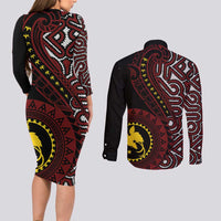 Papua New Guinea Oro Tapa Motif Couples Matching Long Sleeve Bodycon Dress and Long Sleeve Button Shirt Special LT7 - Polynesian Pride