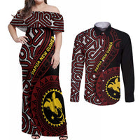 Papua New Guinea Oro Tapa Motif Couples Matching Off Shoulder Maxi Dress and Long Sleeve Button Shirt Special LT7 Black - Polynesian Pride