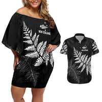 New Zealand Lawn Bowls Personalized Couples Matching Off Shoulder Short Dress and Hawaiian Shirt Wrap-Around Silver Fern LT7 Black - Polynesian Pride