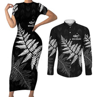 New Zealand Lawn Bowls Personalized Couples Matching Short Sleeve Bodycon Dress and Long Sleeve Button Shirt Wrap-Around Silver Fern LT7 Black - Polynesian Pride