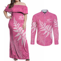 New Zealand Lawn Bowls Breast Cancer Personalized Couples Matching Off Shoulder Maxi Dress and Long Sleeve Button Shirt Wrap-Around Silver Fern LT7 Pink - Polynesian Pride
