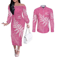 New Zealand Lawn Bowls Breast Cancer Personalized Couples Matching Off The Shoulder Long Sleeve Dress and Long Sleeve Button Shirt Wrap-Around Silver Fern LT7 Pink - Polynesian Pride