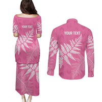 New Zealand Lawn Bowls Breast Cancer Personalized Couples Matching Puletasi and Long Sleeve Button Shirt Wrap-Around Silver Fern LT7 - Polynesian Pride