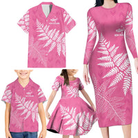 New Zealand Lawn Bowls Breast Cancer Personalized Family Matching Long Sleeve Bodycon Dress and Hawaiian Shirt Wrap-Around Silver Fern LT7 - Polynesian Pride