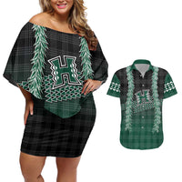 Rainbow Warriors Hawaii Palaka Couples Matching Off Shoulder Short Dress and Hawaiian Shirt Maile Lei - Polynesian Pride