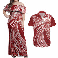 Tonga Independence Day Couples Matching Off Shoulder Maxi Dress and Hawaiian Shirt Tongatapu Lion Ngatu Motifs LT7 Red - Polynesian Pride