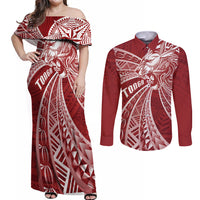 Tonga Independence Day Couples Matching Off Shoulder Maxi Dress and Long Sleeve Button Shirt Tongatapu Lion Ngatu Motifs LT7 Red - Polynesian Pride