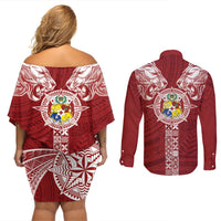 Tonga Independence Day Couples Matching Off Shoulder Short Dress and Long Sleeve Button Shirt Tongatapu Lion Ngatu Motifs LT7 - Polynesian Pride