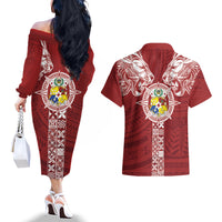 Tonga Independence Day Couples Matching Off The Shoulder Long Sleeve Dress and Hawaiian Shirt Tongatapu Lion Ngatu Motifs LT7 - Polynesian Pride