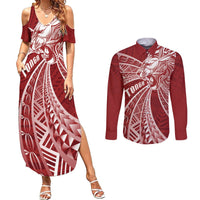 Tonga Independence Day Couples Matching Summer Maxi Dress and Long Sleeve Button Shirt Tongatapu Lion Ngatu Motifs LT7 Red - Polynesian Pride