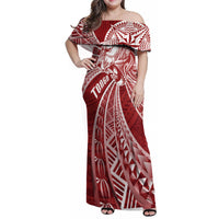 Tonga Independence Day Family Matching Off Shoulder Maxi Dress and Hawaiian Shirt Tongatapu Lion Ngatu Motifs LT7 Mom's Dress Red - Polynesian Pride