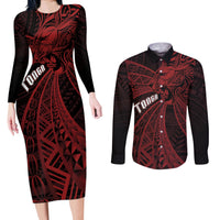 Tonga Independence Day Couples Matching Long Sleeve Bodycon Dress and Long Sleeve Button Shirt Tongatapu Lion Ngatu Motifs Black Ver. LT7 Black - Polynesian Pride