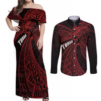Tonga Independence Day Couples Matching Off Shoulder Maxi Dress and Long Sleeve Button Shirt Tongatapu Lion Ngatu Motifs Black Ver. LT7 Black - Polynesian Pride