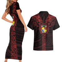 Tonga Independence Day Couples Matching Short Sleeve Bodycon Dress and Hawaiian Shirt Tongatapu Lion Ngatu Motifs Black Ver. LT7 - Polynesian Pride