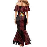 Tonga Independence Day Family Matching Mermaid Dress and Hawaiian Shirt Tongatapu Lion Ngatu Motifs Black Ver.