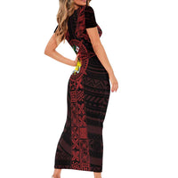 Tonga Independence Day Short Sleeve Bodycon Dress Tongatapu Lion Ngatu Motifs Black Ver. LT7 - Polynesian Pride