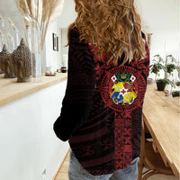 Tonga Independence Day Women Casual Shirt Tongatapu Lion Ngatu Motifs Black Ver. LT7 - Polynesian Pride