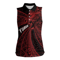 Tonga Independence Day Women Sleeveless Polo Shirt Tongatapu Lion Ngatu Motifs Black Ver. LT7 Female Black - Polynesian Pride