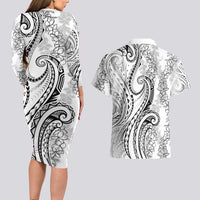 Polynesia Plumeria Lei Couples Matching Long Sleeve Bodycon Dress and Hawaiian Shirt White Curves Motif LT7 - Polynesian Pride