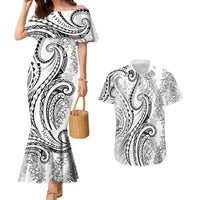 Polynesia Plumeria Lei Couples Matching Mermaid Dress and Hawaiian Shirt White Curves Motif LT7 White - Polynesian Pride