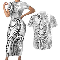 Polynesia Plumeria Lei Couples Matching Short Sleeve Bodycon Dress and Hawaiian Shirt White Curves Motif LT7 White - Polynesian Pride