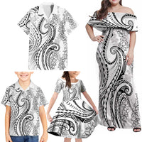 Polynesia Plumeria Lei Family Matching Off Shoulder Maxi Dress and Hawaiian Shirt White Curves Motif LT7 - Polynesian Pride