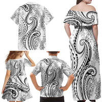 Polynesia Plumeria Lei Family Matching Off Shoulder Maxi Dress and Hawaiian Shirt White Curves Motif LT7 - Polynesian Pride