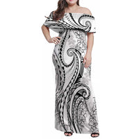 Polynesia Plumeria Lei Family Matching Off Shoulder Maxi Dress and Hawaiian Shirt White Curves Motif LT7 Mom's Dress White - Polynesian Pride