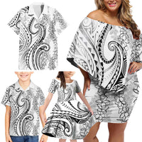 Polynesia Plumeria Lei Family Matching Off Shoulder Short Dress and Hawaiian Shirt White Curves Motif LT7 - Polynesian Pride