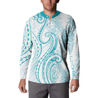 Polynesia Plumeria Lei Button Sweatshirt White Turquoise Curves Motif