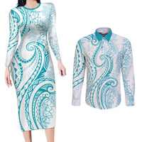 Polynesia Plumeria Lei Couples Matching Long Sleeve Bodycon Dress and Long Sleeve Button Shirt White Turquoise Curves Motif LT7 Turquoise - Polynesian Pride