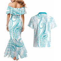 Polynesia Plumeria Lei Couples Matching Mermaid Dress and Hawaiian Shirt White Turquoise Curves Motif LT7 - Polynesian Pride