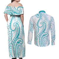 Polynesia Plumeria Lei Couples Matching Off Shoulder Maxi Dress and Long Sleeve Button Shirt White Turquoise Curves Motif